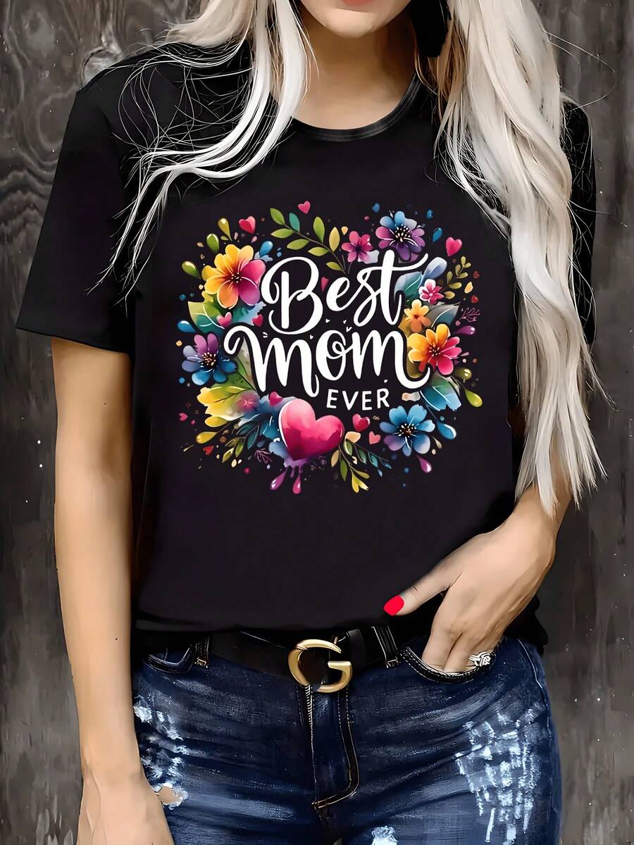Unisex Casual T-Shirt, Vibrant Geometric Print, Crew Neck, Short Sleeve, Stretch Fabric, Machine Washable, Spring/Summer Comfort Top, Ladies' Everyday Comfort T-Shirt, Non-Transparent, Happy Mother's Day T-Shirt For Mom, Best Mom Ever Graphic Tee Gift - 黑色 - 查看 1