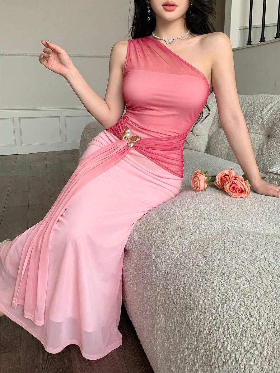 abyoxi 女士渐变粉色网纱不对称领口金属蝴蝶扣腰带修身美人鱼连衣裙，性感优雅，适合婚礼、正式晚宴、派对、生日、春夏度假等场合。 - 玫粉色 - 查看 1