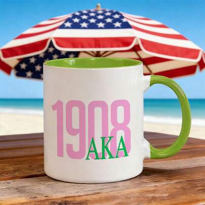 1908 AKA Vintage Ceramic Coffee Mug - 11oz (330ml) Reusable Non-Slip Round Cup, Pink And Green Digital Design, Durable Teachers,, Halloween, Camping - Hand Wash Only, Festive Drinkware, Animal Pr