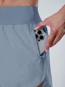 NcmRyu 1pc Women Solid Color Side Zipper Pocket Lined Sports Shorts - Dusty Blue - View 6
