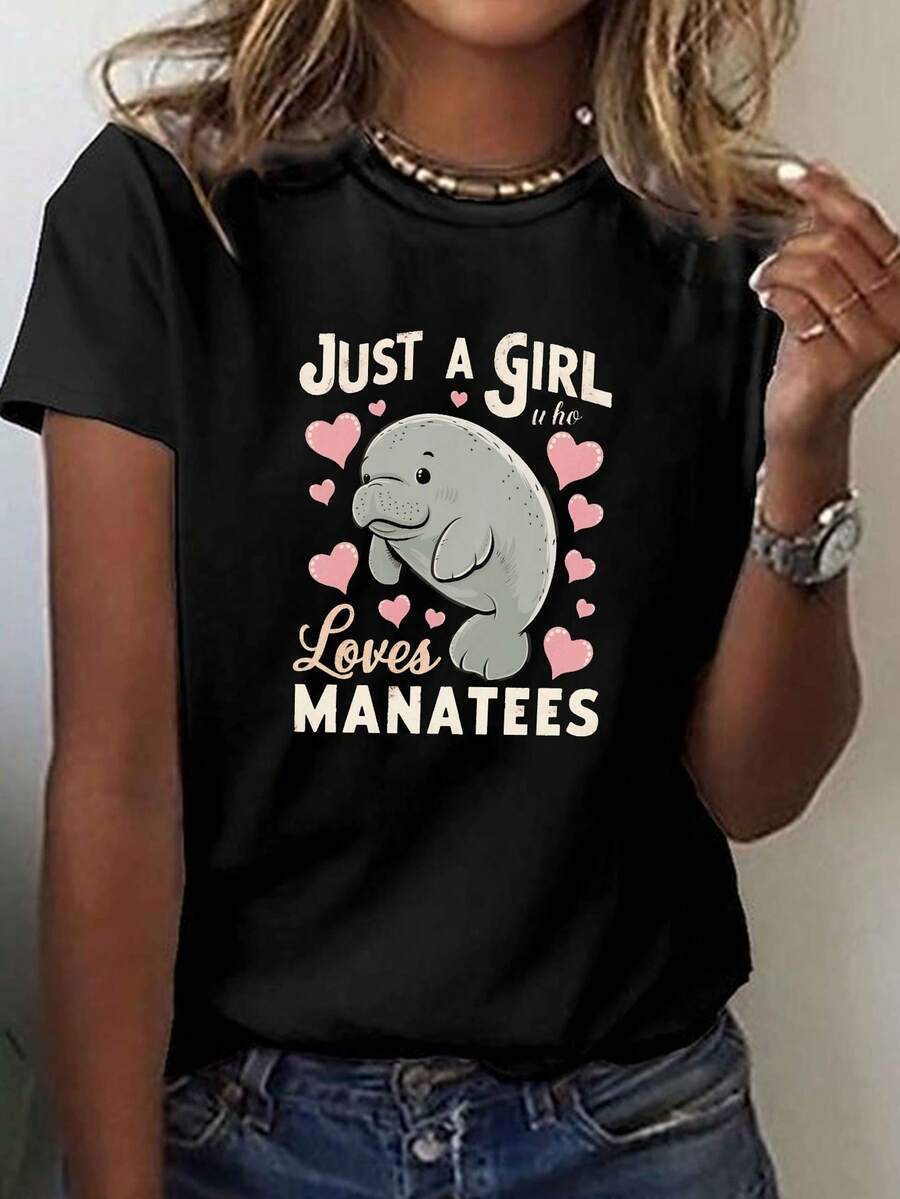 Solo un que ama manatíes imprimir camiseta, manga corta cuello de tripulación top casual para verano y primavera, ropa de mujer