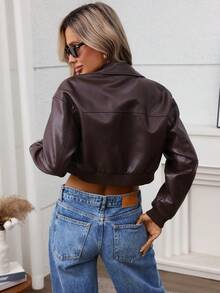 Chaqueta corta de motociclista de cuero sintético para mujer, prenda exterior casual para primavera y otoño - Chocolate - Ver 9