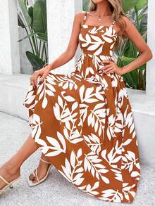 SXPRETTYGARDEN Women Summer Maxi Dresses 2026 Spaghetti Strap Boho Floral Striped Wedding Guest Beach Vacation Flowy Long Dress - Lá chuyển sang màu nâu - Xem 6