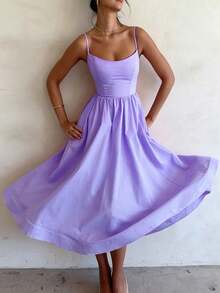 2026 Spring New Women's Clothing, Cross-Border European And American Dress, Sexy Waist-Cinching Pleated Solid Color Large Hem Strap Dress - 紫色 - 查看 9