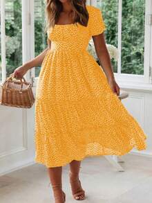 Vestidos Vintage Vintage estampado Puff manga verano playa dulce Vestidos Casual cuello cuadrado floral maxi vestido largo fiesta - Amarillo - Ver 6