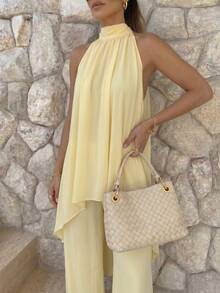 Elegante conjunto de 2 piezas para mujer con top asimétrico de cuello alto amarillo y pantalones de pierna ancha, atuendo de primavera y verano - Amarillo claro - Ver 3
