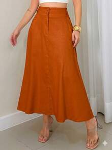 EMILI Women's Midi Skirt In Cotton Knit Fabric With Two-Button Front Closure And Belt Loops - 紅陶 - 查看 1