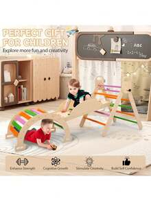 Set de Escalada 9 en 1 Método educativo para niños para Niños - Gimnasio de Madera con Triángulo Método pedagógico infantil y Arco Balancín - Rampa Reversible y Tienda - Para Interior y Exterior - Marrón Chocolate - Ver 5