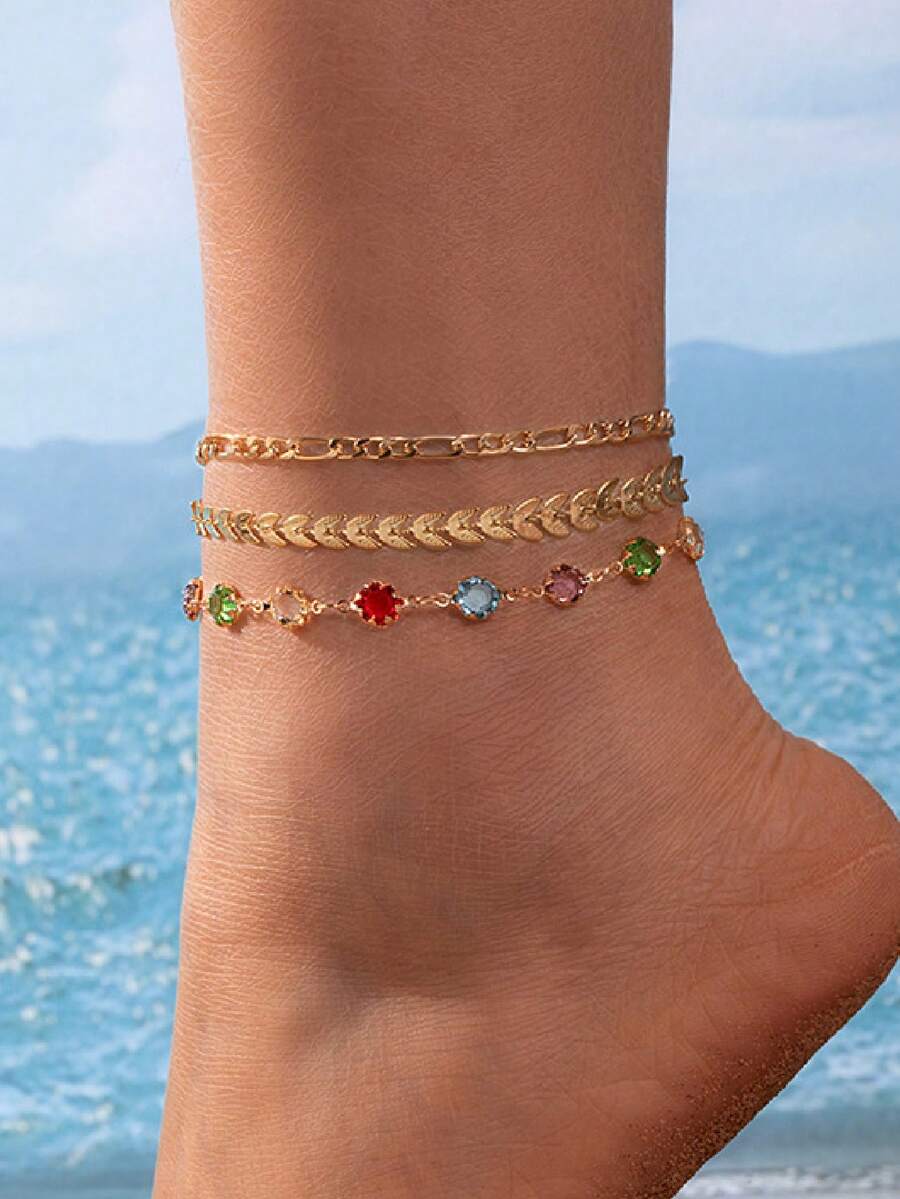 Cadena de hojas de estilo oceánico de moda con strass de colores, tobillera ajustable de varias capas, adecuada para mujeres (color de strass aleatorio) - Multicolor - Ver 1