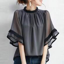 ZANZEA-Blusa elegante de retales para Mujer, camisa de moda de verano con cuello redondo, Tops de trabajo de manga corta acampanada, Túnica holgada para Mujer 2025 - Gris Oscuro - Ver 3