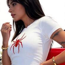 Camiseta Vintage Y2K para Mujer, Divertida con Estampado de Araña, Camiseta Corta con Cuello Redondo, Sexy, de Manga Corta - negro00791 - Ver 2