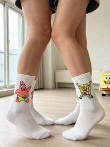 SpongeBob SquarePants 2 đôi tất dài đến bắp chân, in hình hoạt hình, kiểu dáng thường ngày, mỏng nhẹ, thoáng khí, phù hợp cho mùa xuân/hè. - Nhiều màu - Xem 4