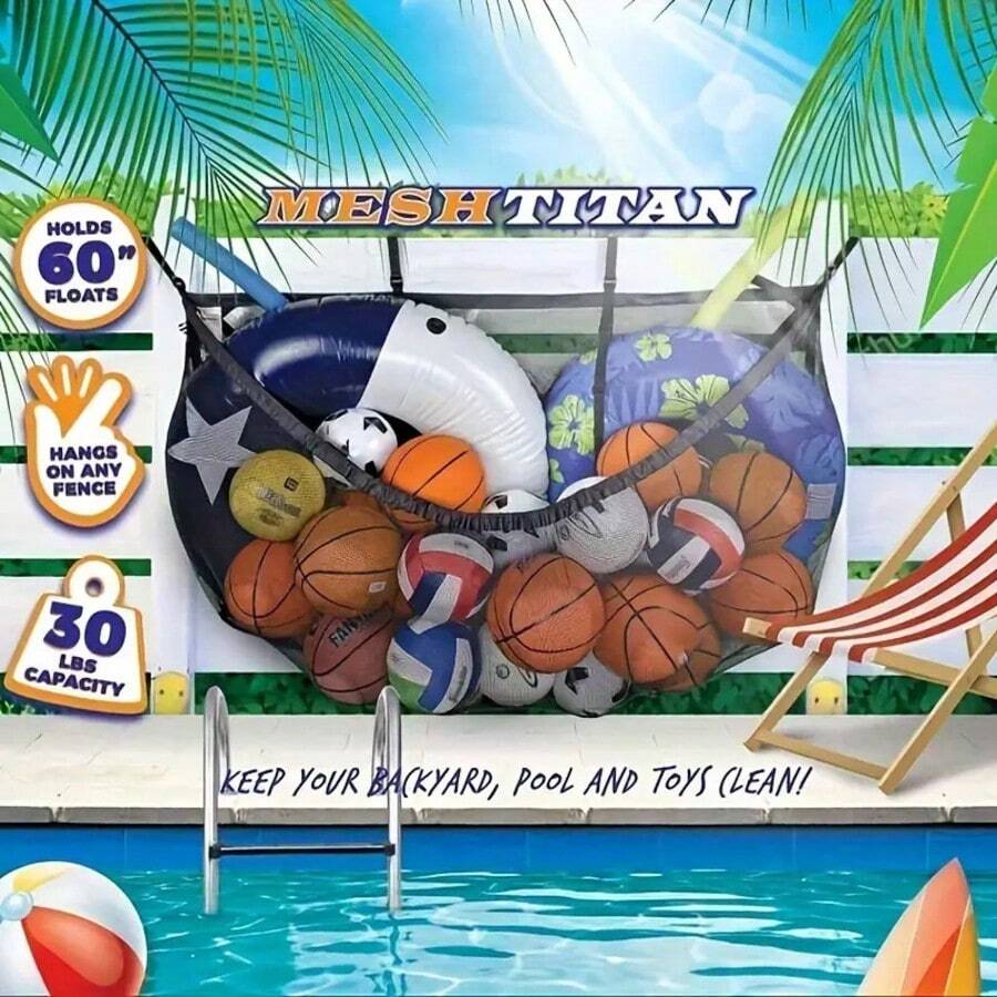 1pc Swimming Pool Hanging Storage Bag, Outdoor Pool Fence Hanging Bag, Large Capacity Swim Ring Storage Bag, Inflatable Toy Storage Bag, Outdoor Inflatable Pool Essential, Beach Holiday Family Gathering Essential, Inflatable Pool Floating Items Portable Storage, Swimming Pool Toys & Swim Rings Storage - Multicolor - View 1