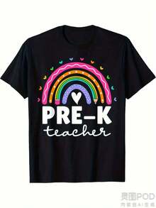 Camiseta de maestro pre-K de las mujeres - suave transpirable 220gsm pesado, retro arco iris y diseño de corazones con letras pre-K, ropa de educador casual de toda la temporada para el personal preescolar y maestros - camiseta de cuello redondo de manga corta gráfica multicolor - Negro - Ver 2