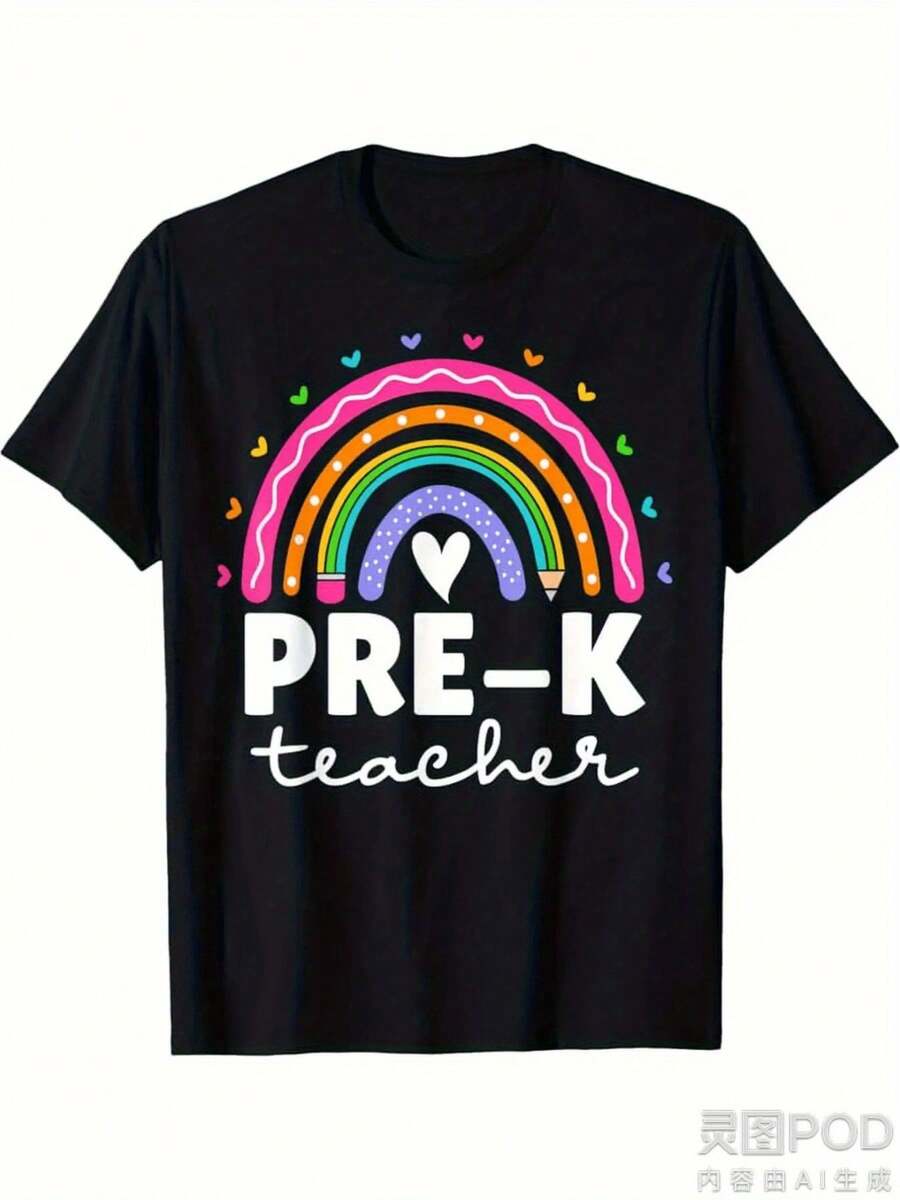 Camiseta de maestro pre-K de las mujeres - suave transpirable 220gsm pesado, retro arco iris y diseño de corazones con letras pre-K, ropa de educador casual de toda la temporada para el personal preescolar y maestros - camiseta de cuello redondo de manga corta gráfica multicolor