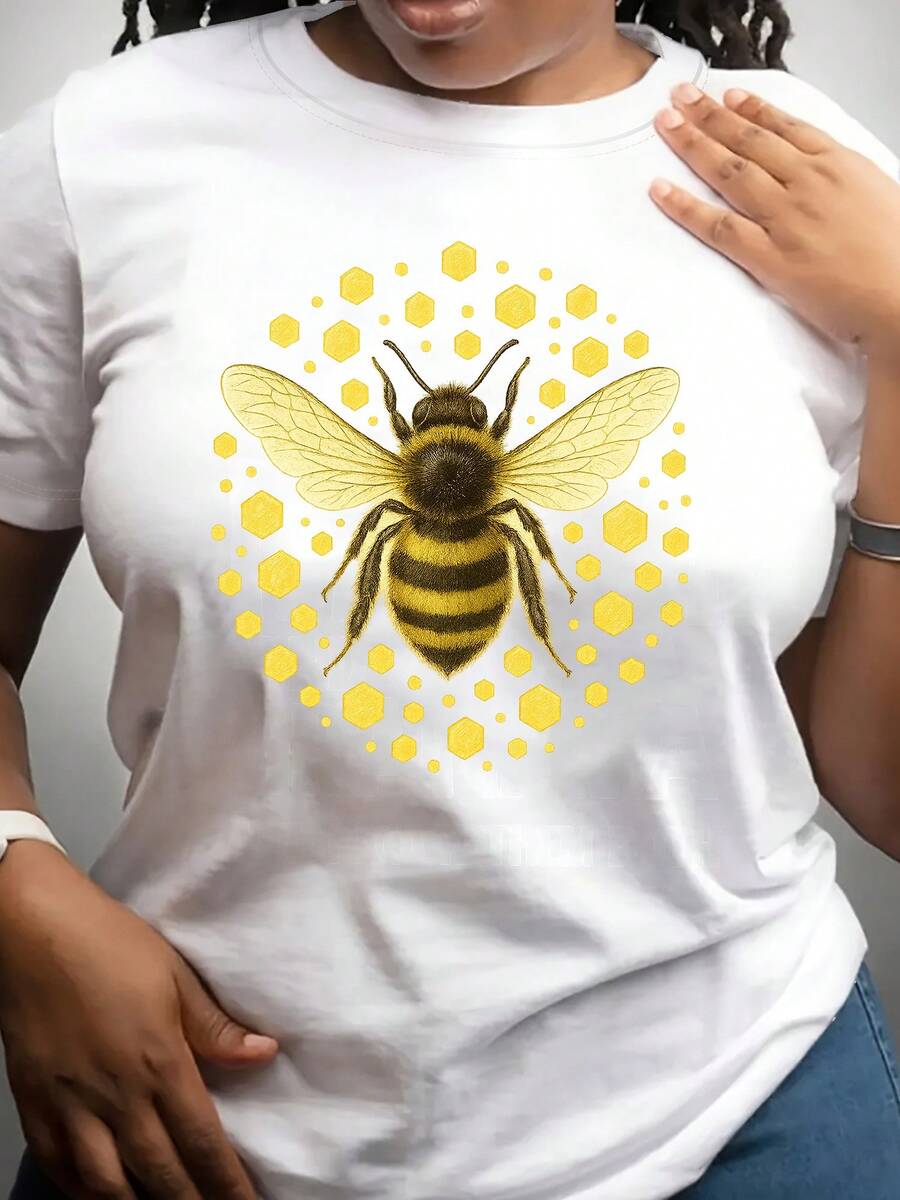 Women's Little Bee Printed Short Sleeve T-Shirt, Casual Short Sleeve Round Neck Top For Spring And Summer, Women's Summer Clothing, Patterned Round Neck T-Shirt - 白色 - 查看 1