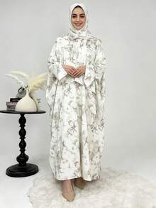 Set de 2 piezas: Hiyab + Abaya abierta, Hiyab de cárdigan con estampado floral islámico musulmán moderado de Dubai, adecuado para uso diario de mujeres, accesorios, esencial de viaje - Multicolor - Ver 1