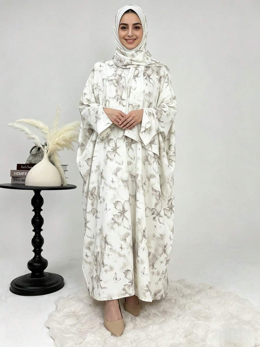 Set de 2 piezas: Hiyab + Abaya abierta, Hiyab de cárdigan con estampado floral islámico musulmán moderado de Dubai, adecuado para uso diario de mujeres, accesorios, esencial de viaje - Multicolor - Ver 1