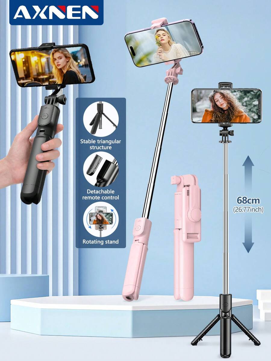 AXNEN 680mm/26.77" Portable Selfie Stick With Wireless Remote, Phone Tripod & Extendable Stand. Compatible With IPhone & Android For Photography, Live Streaming, Christmas, Halloween & Holiday Recording. - Multicolor - View 1