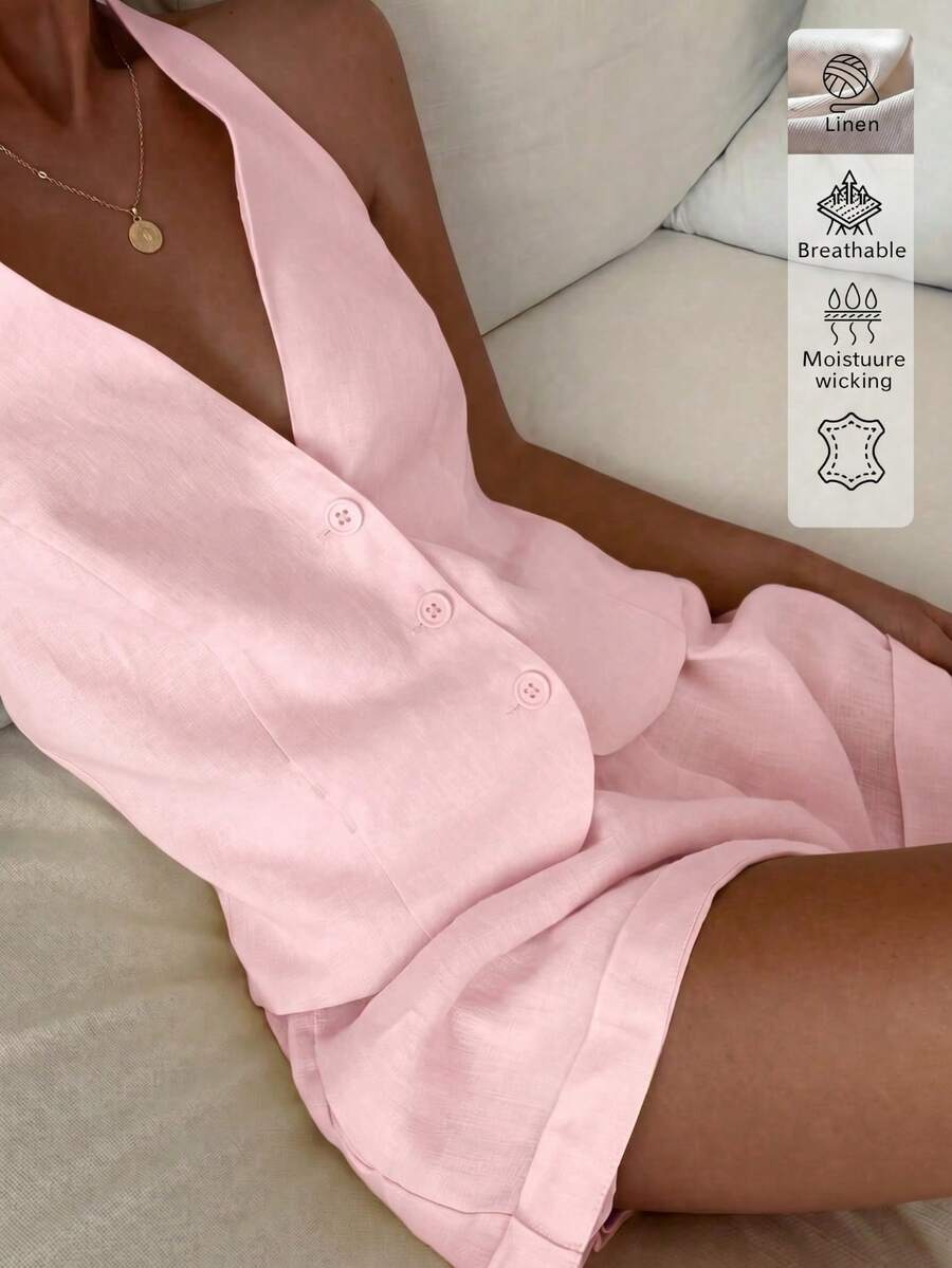優雅亞麻休閒度假海灘兩件套,女款夏季套裝,優雅女裝套裝粉紅色 - 粉色 - 查看 1