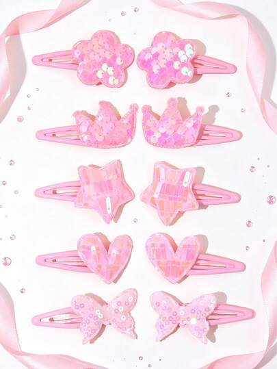 10pcs Pink Sparkly Sequins BB Clips,Flower,Crown,Star, Love,Butterfly,Sweet Cute Hair Clips,Exquisite Princess Hair Accessories For Girls Teens For Bangs,Choppy Layers,Twin Ponytails,Side Braid,Suitable For Daily Life,Events,Parties,Photography,Gifts For Friends