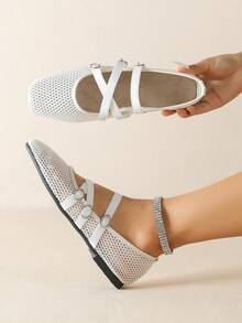 Square Toe Mary Jane Shoes, Three-Strap Elastic Banded, Breathable Mesh Summer Shoes, Fashionable & Elegant Flat Design - Off White - View 4