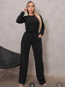 Women's Set: Wide Leg Pants And Long Sleeve Ribbed Knit Top - Premium Winter Casual Chic - 黑色 - 查看 7