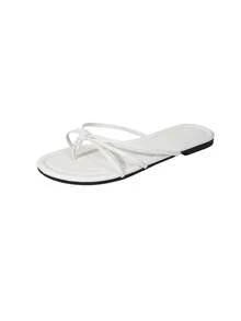 Women's Plus Size Casual Outdoor Flat Sandals, Fashionable Criss-Cross PU Leather Thong Sandals For Beach, Vacation, Spring/Summer - White - View 5