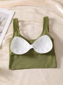 4PCS Ribbed Wide Strap Built-In Bra Tank Top, Solid Seamless Stretch Crop Cami, Women Gym Workout Layering Basic Undergarment - Multicolor - View 5