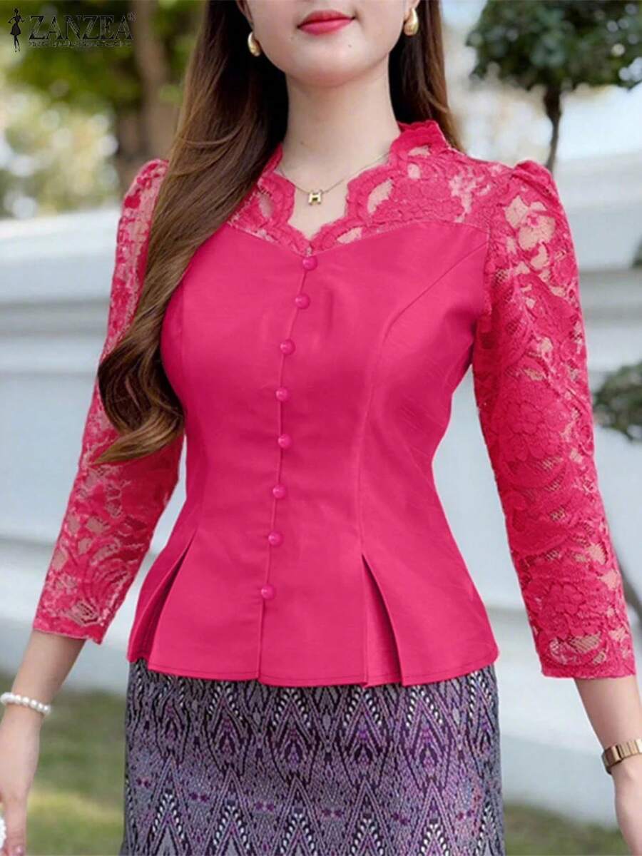 ZANZEA, camisas transparentes elegantes de retazos de encaje para mujer, Blusas ajustadas a la moda con manga 3/4 y cintura cincha, Blusas de verano 2025, ropa de calle - rosa oscuro - Ver 1