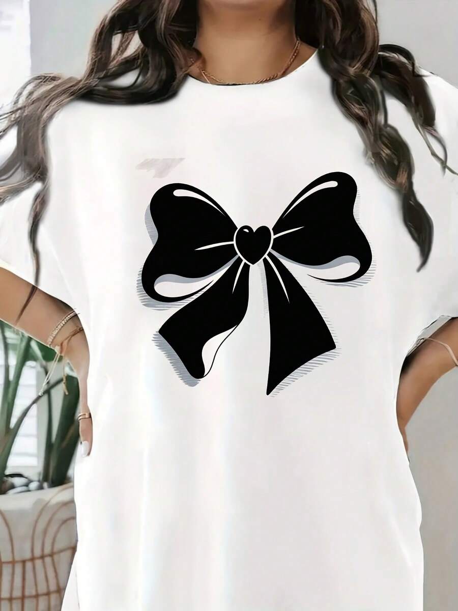 100% Women's Sweatshirt T - T-Shirt With Bold Large Black Bow And Heart - Center Shaped, 3D Effect With White Outlined Bow And Light Gray Shaded Areas, Flat White Background, Decorative Style For Men And Women 2025 Summer Short Sleeve - 白色 - 查看 1
