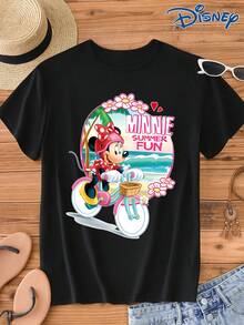 Disney 1pc IP Authorized Minnie Mouse Graphic Print Short Sleeve T-Shirt, Round Neck, Stretchy, Easy Care Material, Suitable For Daily Wear, Fashionable Women's Short Sleeve T-Shirt, Casual Wear - Black - View 1