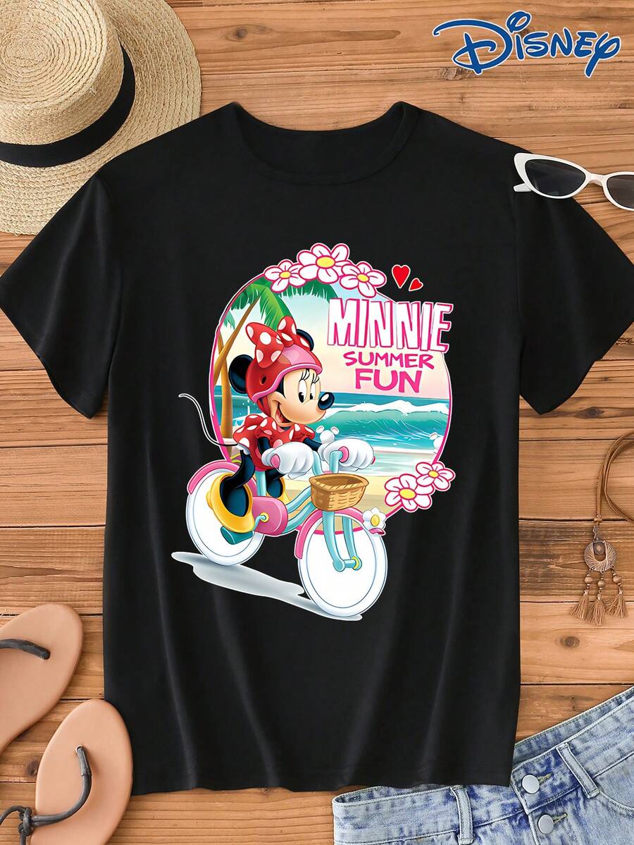 Disney 1pc IP Authorized Minnie Mouse Graphic Print Short Sleeve T-Shirt, Round Neck, Stretchy, Easy Care Material, Suitable For Daily Wear, Fashionable Women's Short Sleeve T-Shirt, Casual Wear - Black - View 1