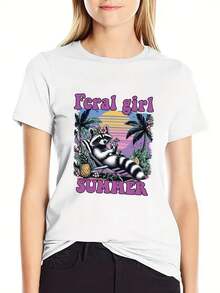 Women's Short-Sleeved T-Shirt With A Round Neckline, Perfect For Spring, Autumn, And Summer. It Features A Stylish And Unique Print, Ideal For Beach Outings And Casual Trips. This Shirt Can Be Worn At Home Or For Everyday Wear. - 白色 - 查看 1