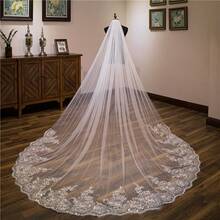 2026 Hot  White Ivory Sequins Lace Edge Veils One Layer Cathedral Length Wedding Bridal Veil With Comb Long Woman Illusion Tulle - 白色 - 查看 7