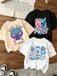 Set de 3 camisetas de mujer con transfer de conchas, lazos y peces coloridos, corales azul y rosa, estrellas de mar y letras "Shell Yeah", diseño costero llamativo. - blanco+negro+hueso - Ver 1