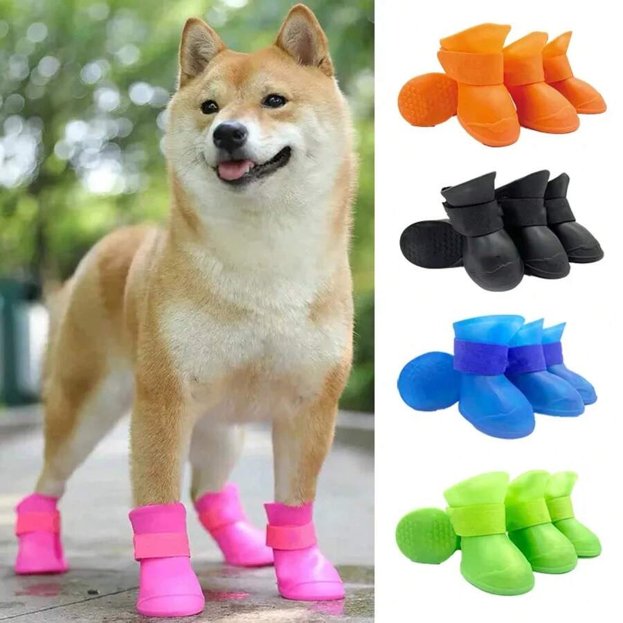 4Pcs Pet WaterProof Rainshoe Anti-Slip Rubber Boot For Small Medium Large Dogs Cats Outdoor Shoe Dog Ankle Boots Pet Accessories - màu đen - Xem 1