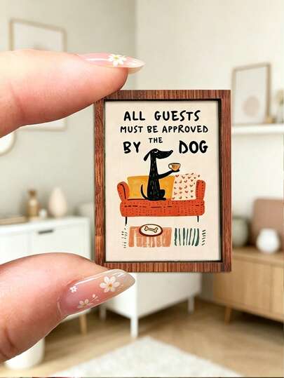 4 món đồ trang trí tường mini dễ thương, "Mọi khách mời đều phải được chú chó chấp thuận", bảng trang trí mini bằng gỗ mộc mạc, thích hợp để trang trí nhà búp bê, tiểu cảnh, phòng ngủ, phòng khách, phụ kiện khung ảnh DIY.