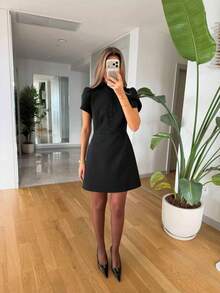 Women's Fashionable Versatile Minimalist Button-Up Commuter Dress - Black - View 2