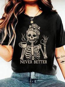 Camiseta de mujer de manga corta con cuello redondo y estampado de calavera con café, de moda - Negro - Ver 6