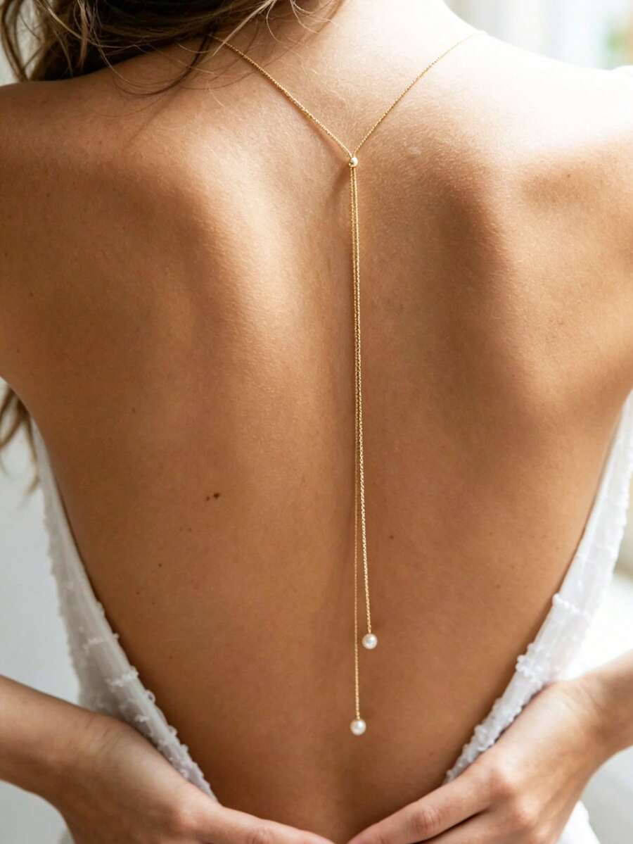 1pc Sexy Pearl Back Chain, Fashionable Beach Ocean Body Jewelry Chain - Gold - View 1
