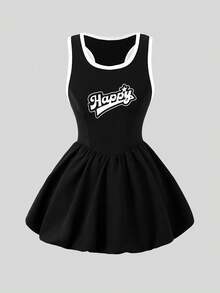 Girls Letter Print Sleeveless Casual Dress With Ruffle Hem, Summer - Black - View 1