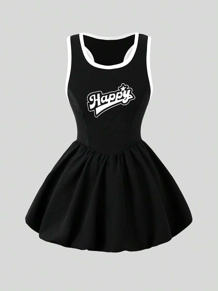 Girls Letter Print Sleeveless Casual Dress With Ruffle Hem, Summer - Black - View 1