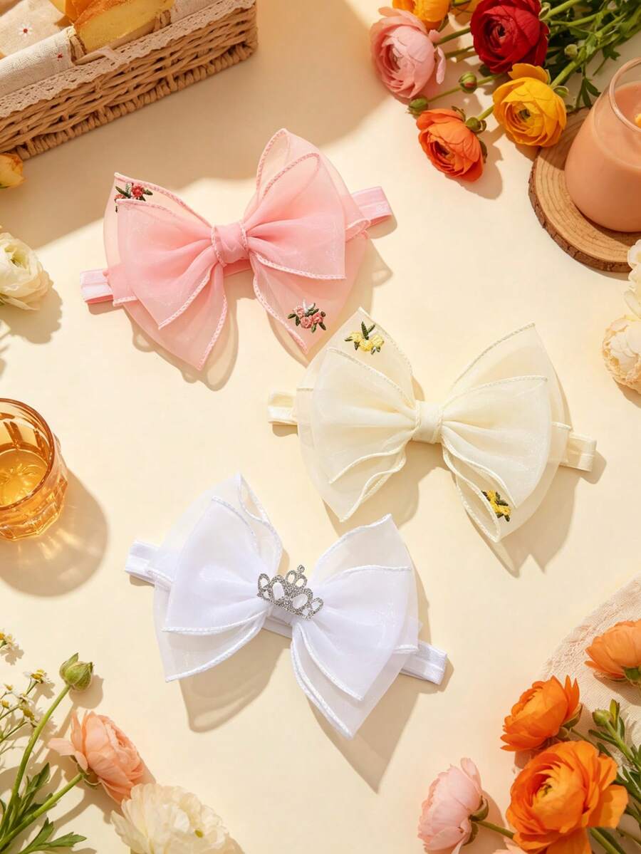 3pcs/Set Colorful Embroidered Flower & Bow Design Elastic Headbands For Babies, Suitable For All Seasons, Great For Parties, Celebrations, Holidays, Gifts, Super Cute & Fashionable Baby Photo Prop (No White Board) - Pink, White and Yellow - View 1