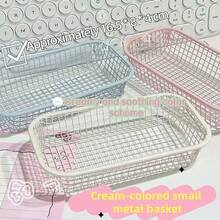 INS Style Iron Mini Storage Basket, Rectangular Organizer Box, Macaron Color Hollow Line Basket For Desktop, Dorm, Stationery, Cosmetics, Snacks, Multi-Functional Kitchen & Bathroom Storage Basket - Peach Pink + Creamy Yellow - View 4