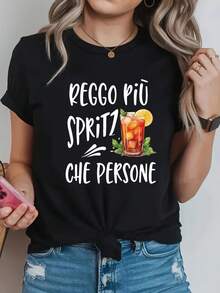 Italian REGGO MORE SPRITZ THAN PEOPLE Camiseta de cuello redondo de primavera y verano de mujer con impresión de eslogan de verano perezoso y divertido - Negro - Ver 2