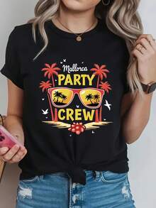 Mallorca partido tripulación impresión gráfica camiseta, manga corta tripulación cuello top casual para verano y primavera, ropa de mujer - Negro - Ver 2