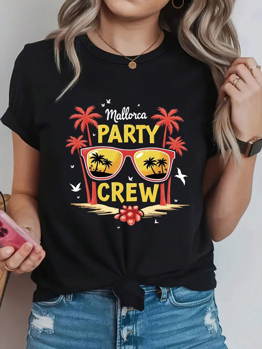Mallorca partido tripulación impresión gráfica camiseta, manga corta tripulación cuello top casual para verano y primavera, ropa de mujer