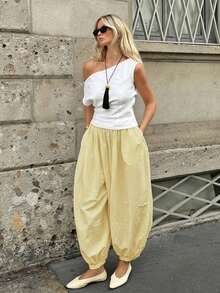 Women's Solid Color Loose Casual Harem Pants - Yellow - View 4