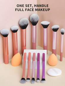 12 Stück Multifunktions Make-up Pinsel Set, inklusive Puder Pinsel, Rouge Pinsel, Foundation Pinsel, Lidschatten Pinsel, Blending Pinsel, Kontur Pinsel, sowie abgewinkelter Make-up Schwamm, runder Make-up Schwamm und weißer Puderpuff - Verschiedenfarbig - Übersicht 2